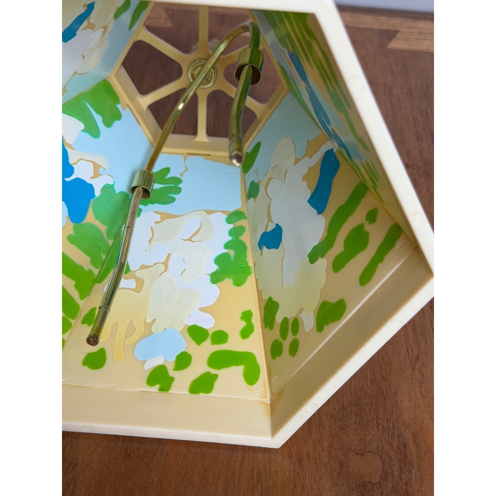 Vintage Hexagon Lithophane Lamp Shade Angel Nature Relief Cream Hand Painted